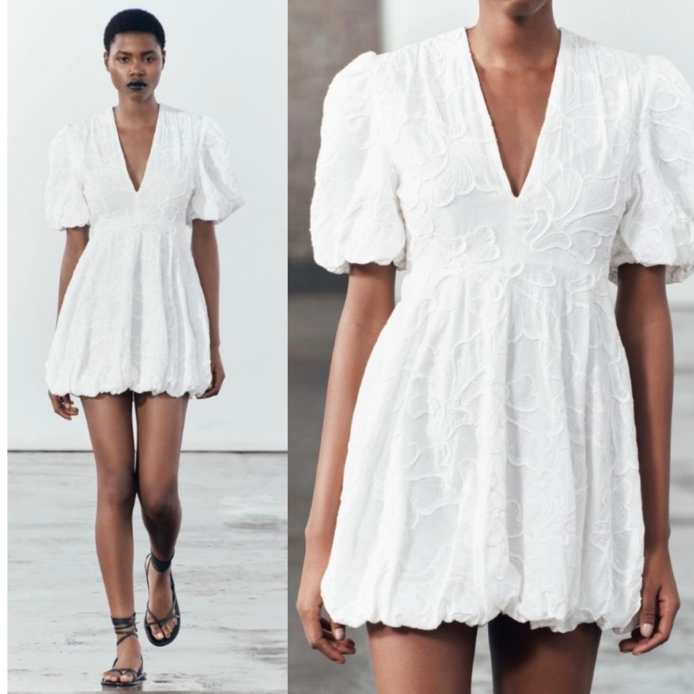 Christian Lacroix Floral Embroidery V Neck Puff Sleeve Bubble Hem Mini Dress - Picture 10 of 16